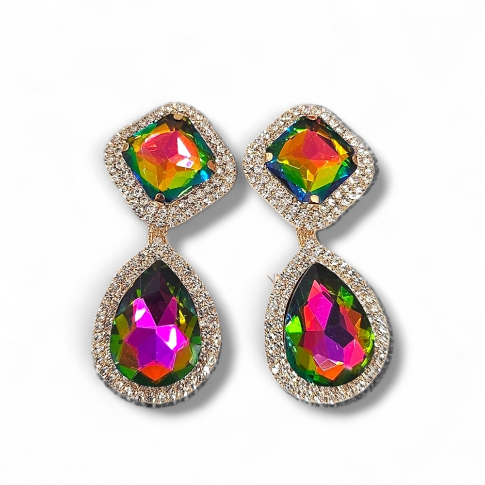 Multicolor Crystal Drop Clip On Earrings